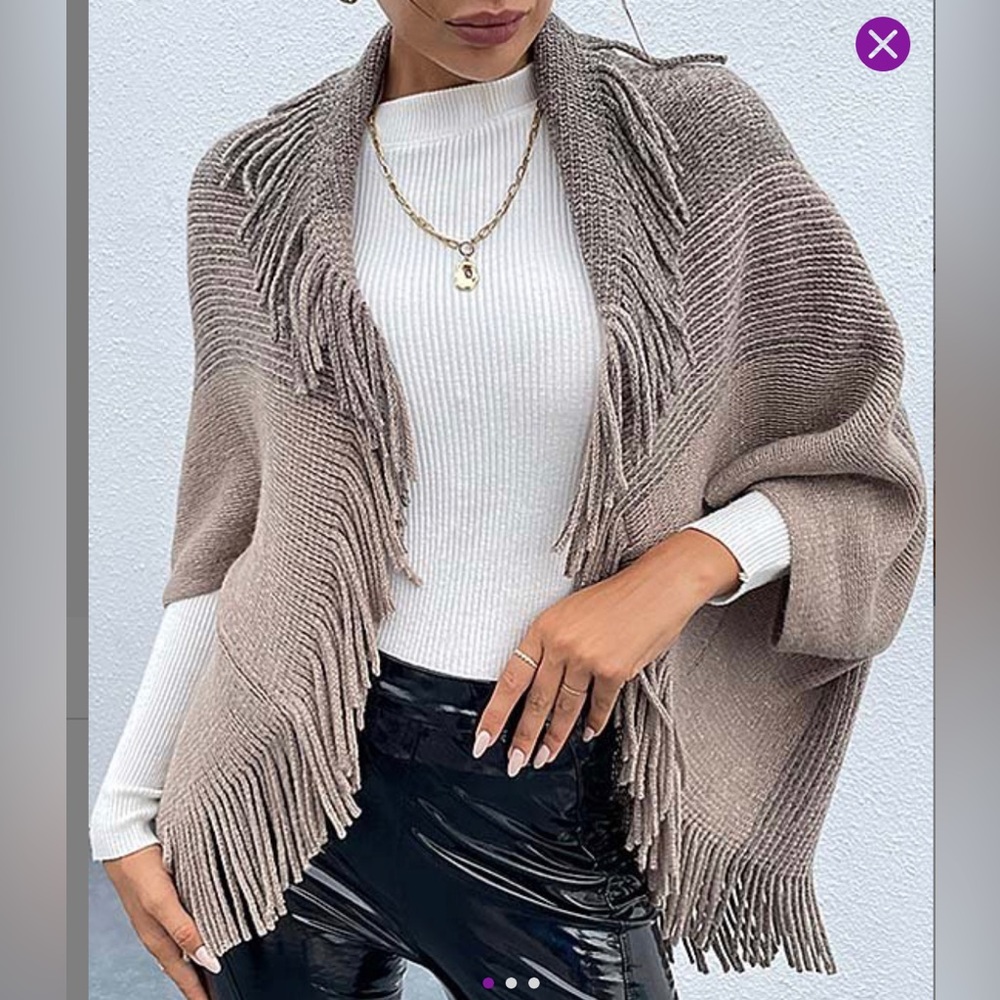 KHAKI COLOUR BLOCK FRINGE TRIM DOLMAN OPEN FRONT CARDIGAN